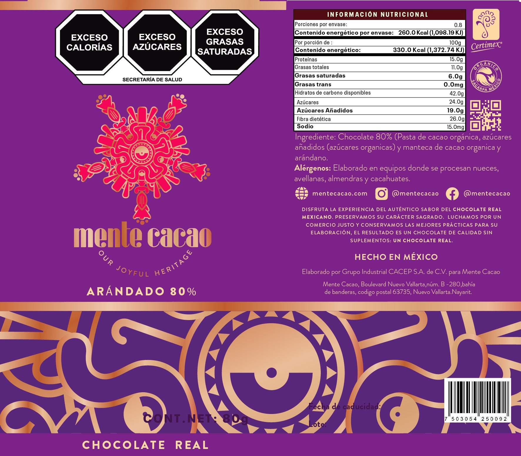 Chocolate Amargo Mente Cacao - 80% Cacao con Arándano 85g