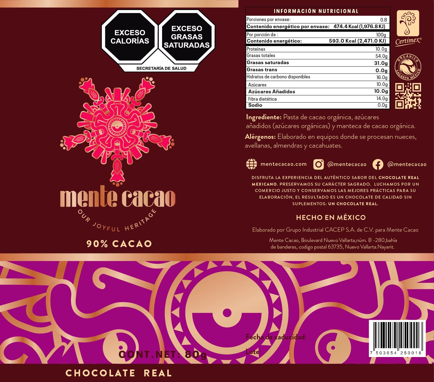 Chocolate Amargo Cacao Mente - 90% Cacao 85g