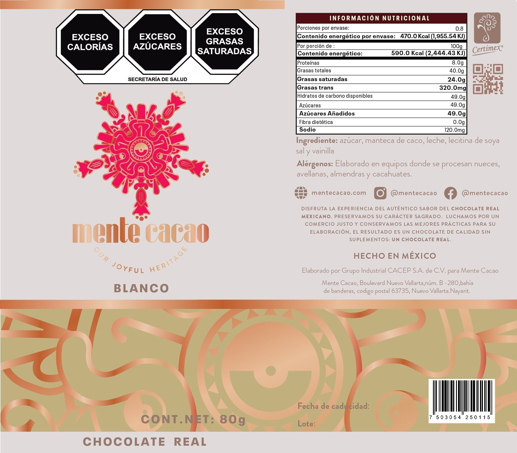 Chocolate Blanco Mente Cacao - 32% Cacao Cremoso 85g