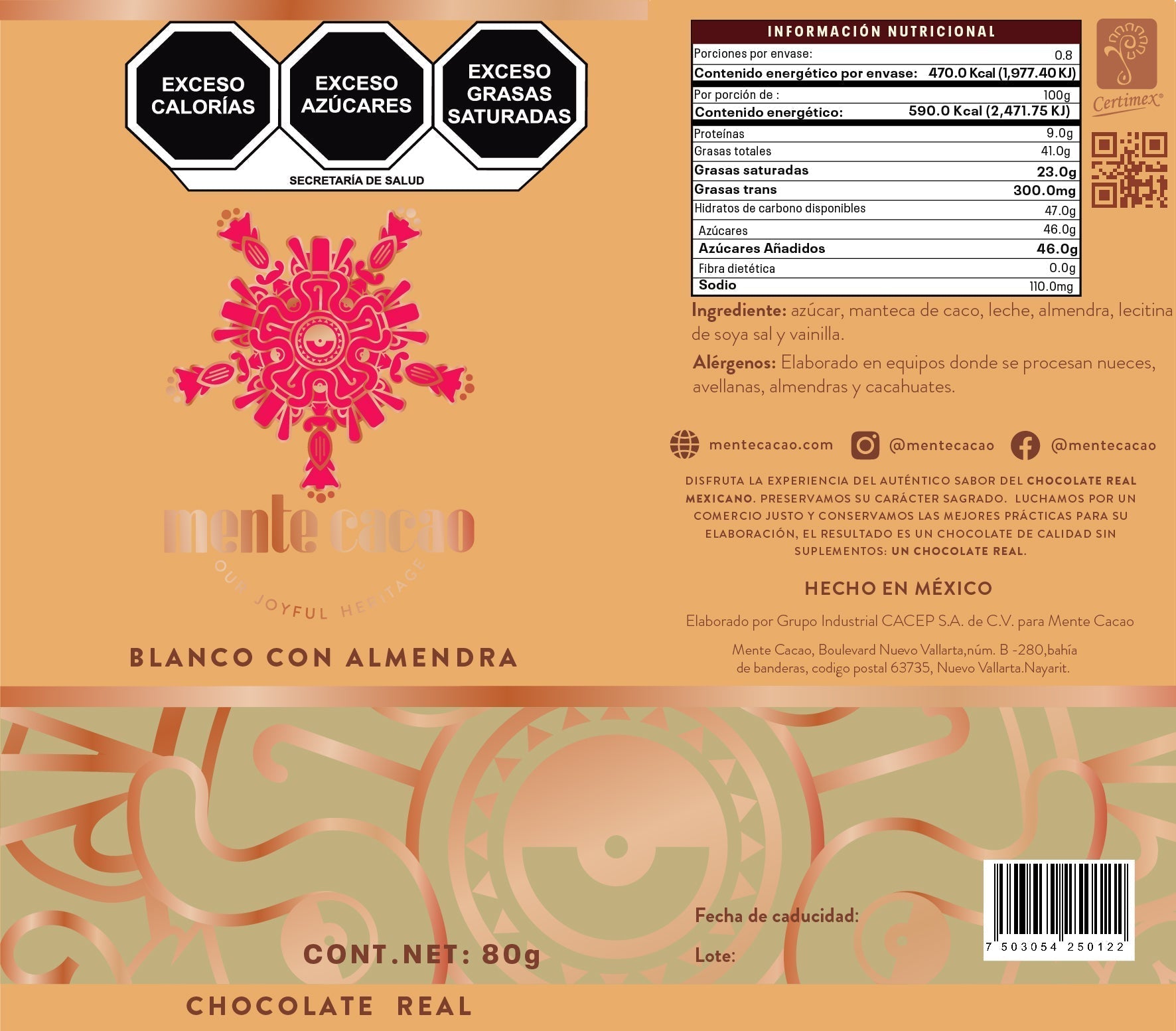 Chocolate Blanco Mente Cacao - 32% Cacao con Almendra 85g