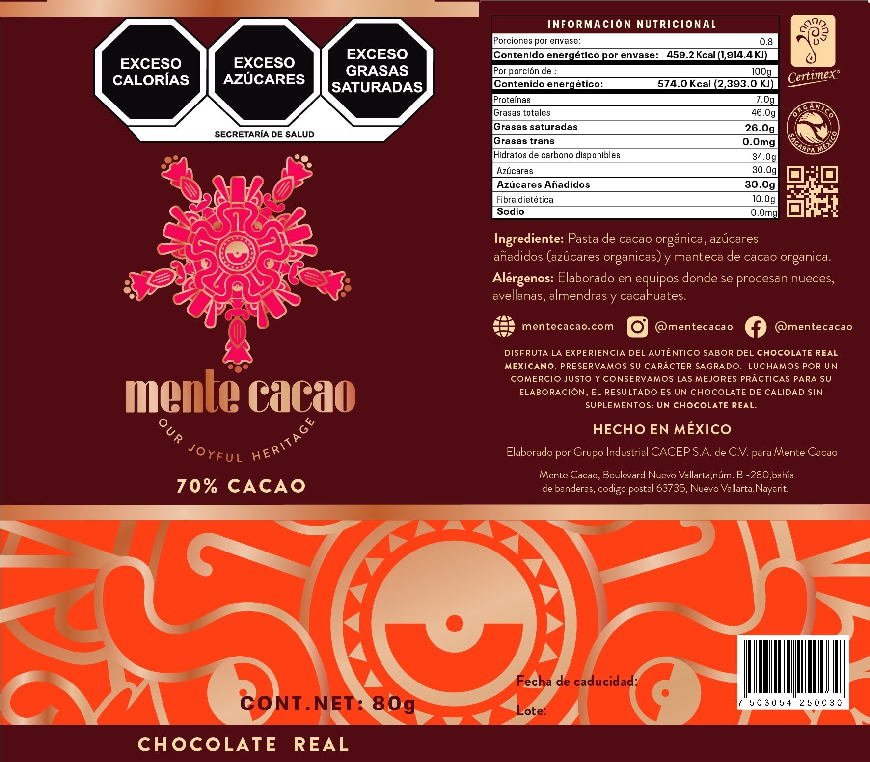 Chocolate Semiamargo Mente Cacao - 70% Cacao 85g