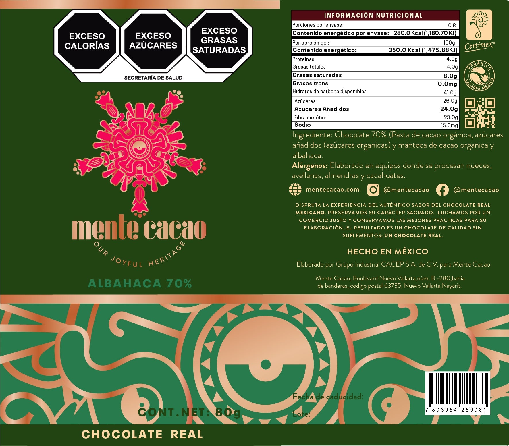 Chocolate Semiamargo Mente Cacao - 70% Cacao con Albahaca 85g