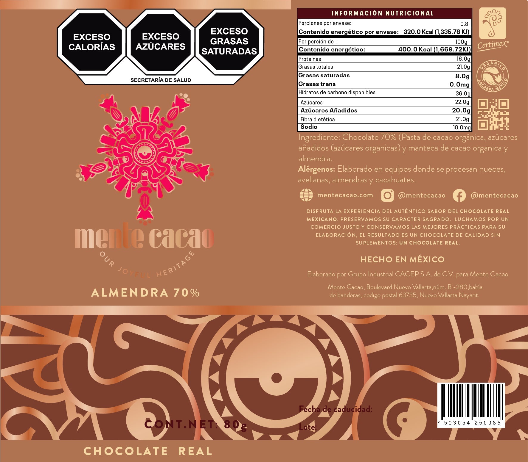 Chocolate Semiamargo Mente Cacao - 70% Cacao con Almendra 85g