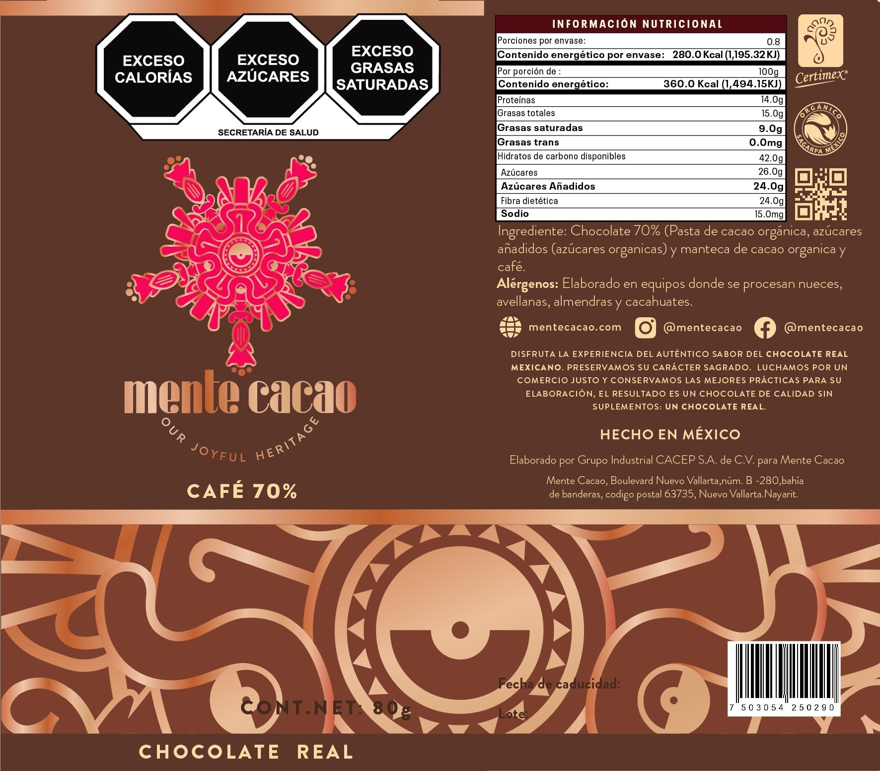 Chocolate Amargo Mente Cacao - 80% Cacao con Café 85g