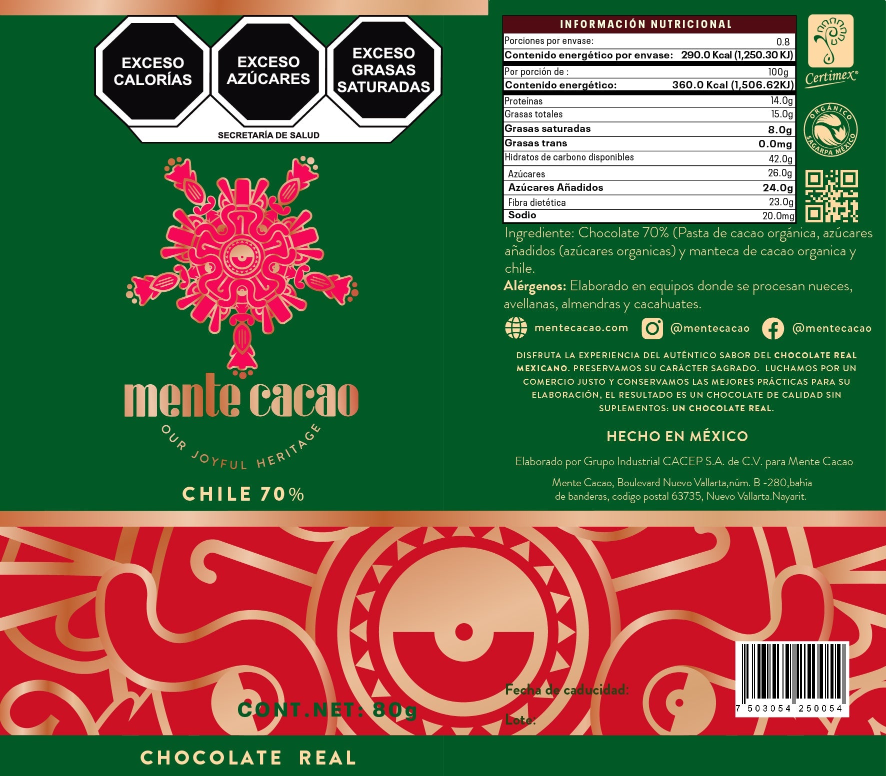 Chocolate Semiamargo Mente Cacao - 70% Cacao con Chile 85g