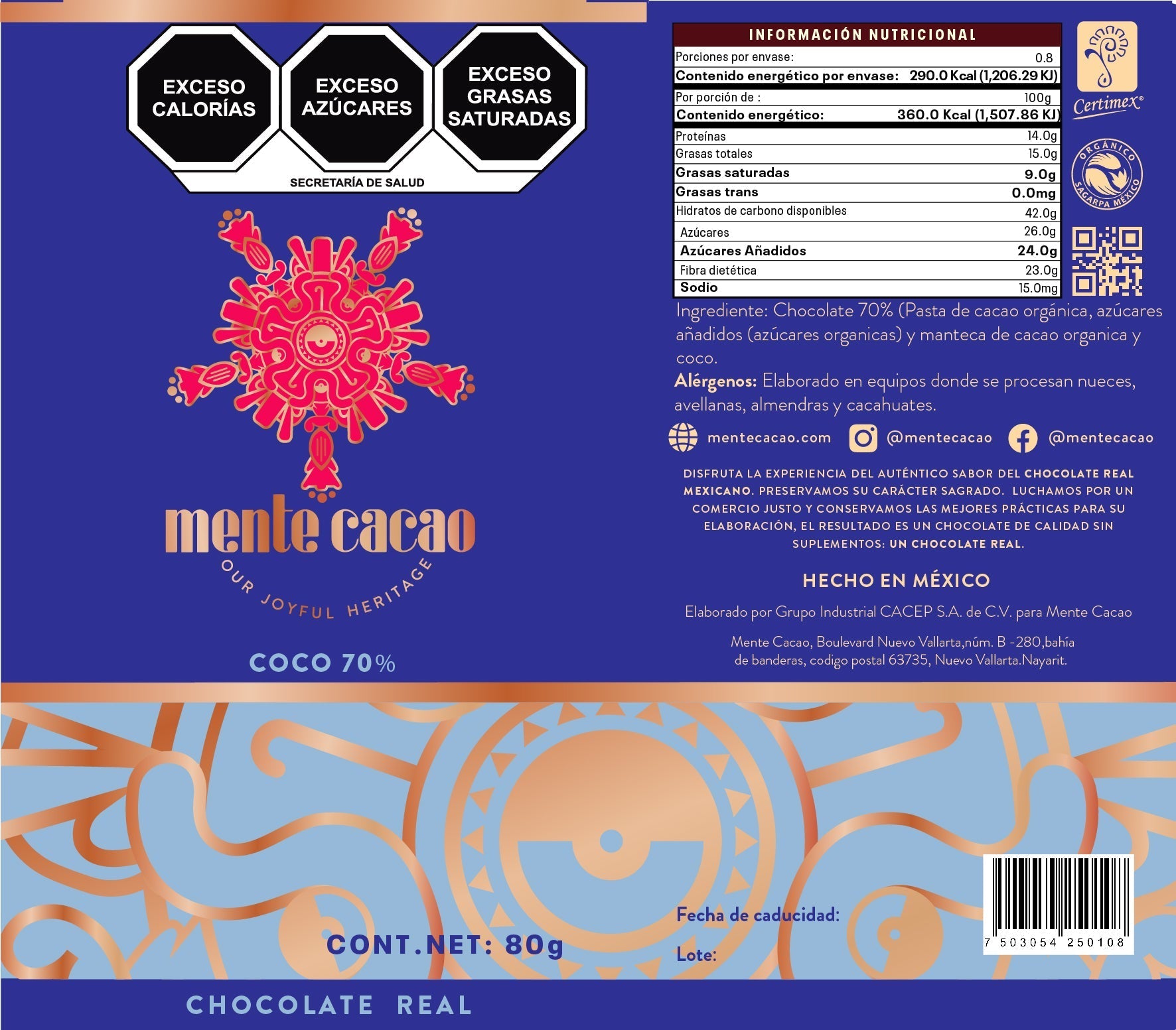 Barra ChocChocolate Semiamargo Mente Cacao - 70% Cacao con Coco 85golate Mente Cacao Semiamargo 70% Cacao con Coco 85g